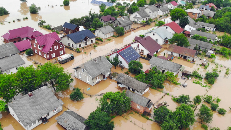 Aerial view of a flooded neighborhood