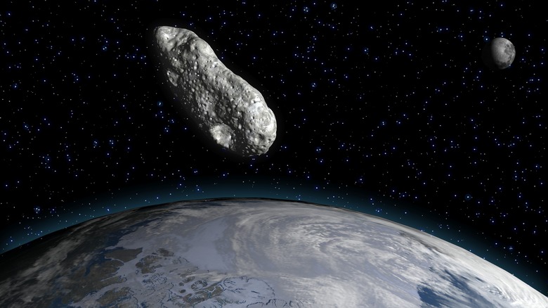 Artwork of asteroid floating above Earth with the Moon in the distance