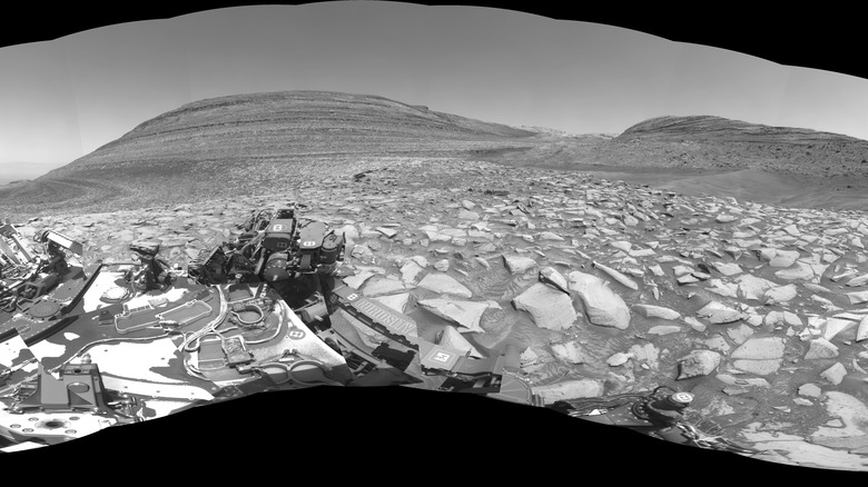 A black and white image of a rocky terrain with hills in the distance and a host of