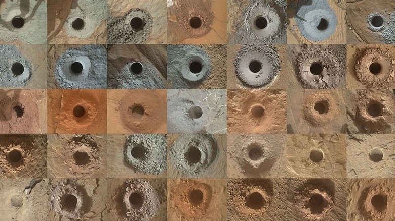 A compilation of dozens of top-down images of holes bored into the Martian surface