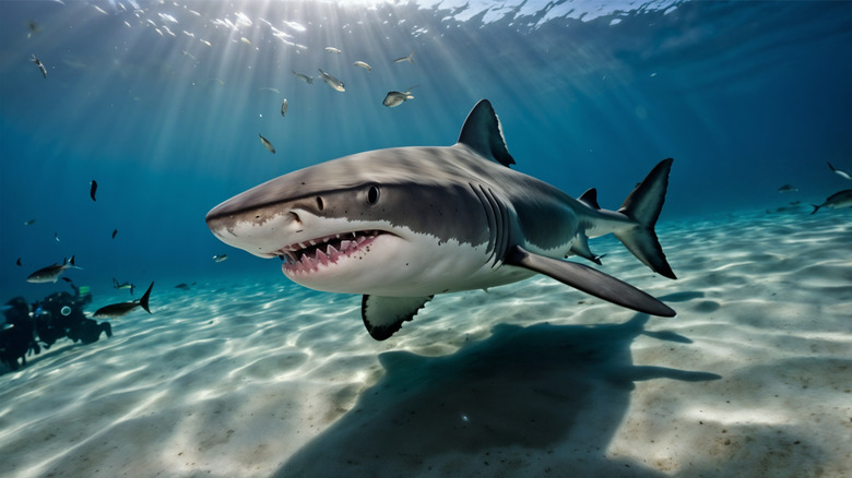 A great white shark is shown swimming along the ocean floor with the sun beaming through the surface of the water