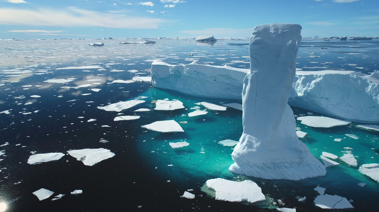 A tall iceberg is seen amid a field of smaller icebergs floating in a dark blue and green ocean