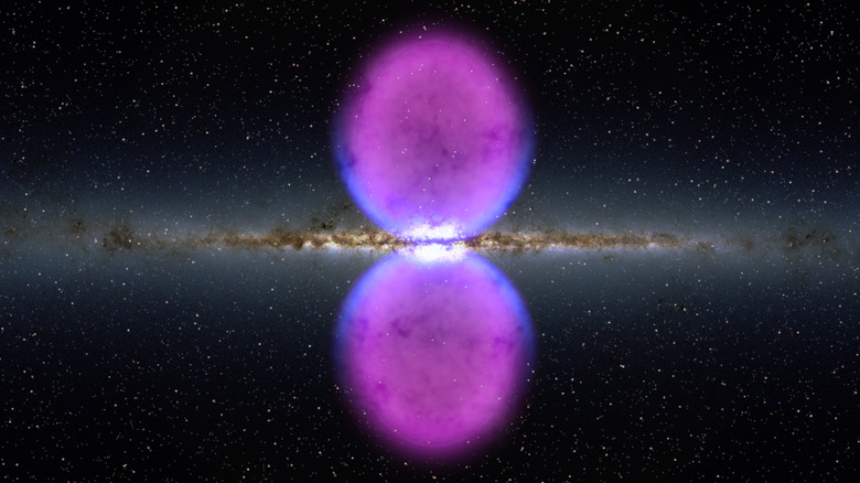 Two purple bubble-like clouds of gamma rays extend above and below the Milky Way's Galactic plane