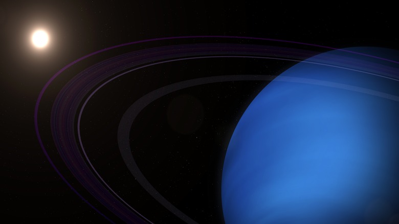 Neptune is seen in the foreground while the Sun is visible as a light speck in the top right background