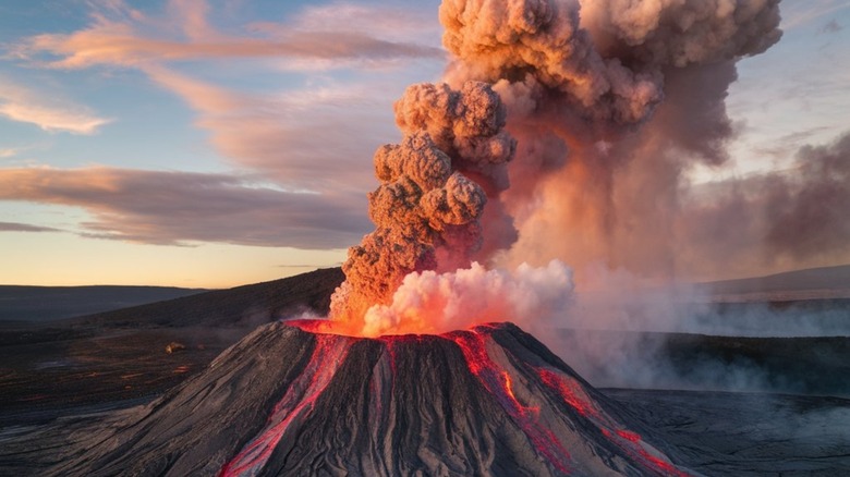 An aerial photo of an erupting volcano with plumes of grey smoke rising into the sky and rivers of red lava flowing down the mountain side