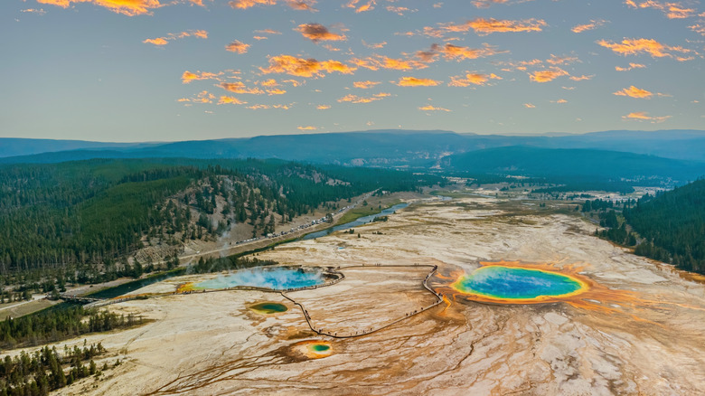 Multicolored geyser pools in Yellowstone National Park