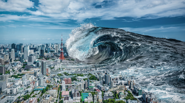 Computer illustration of giant tsunami overtaking Tokyo, Japan