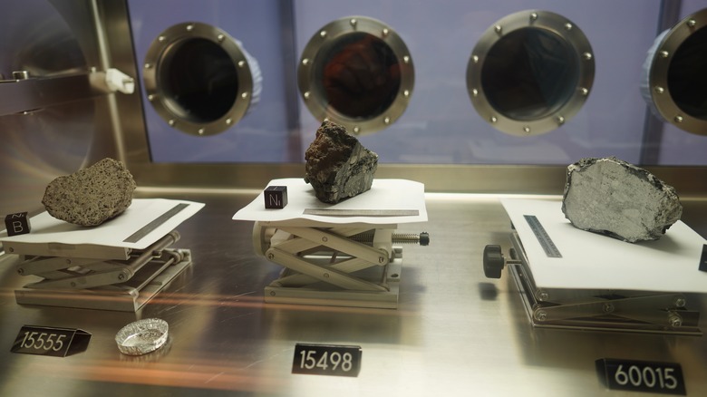 Collection of lunar rocks on displays