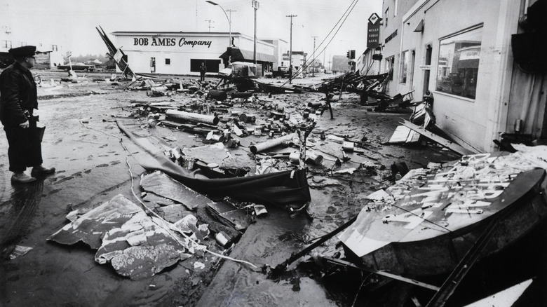 Black and white photo of 1964 tsunami damage in Crescent City, California