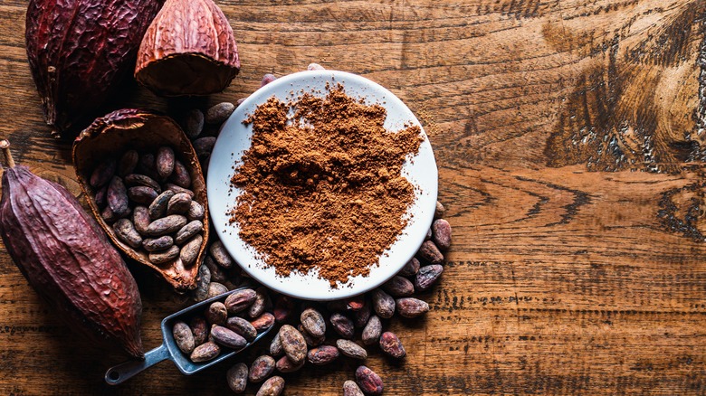 Cacao beans and cocoa powder on a wooden table