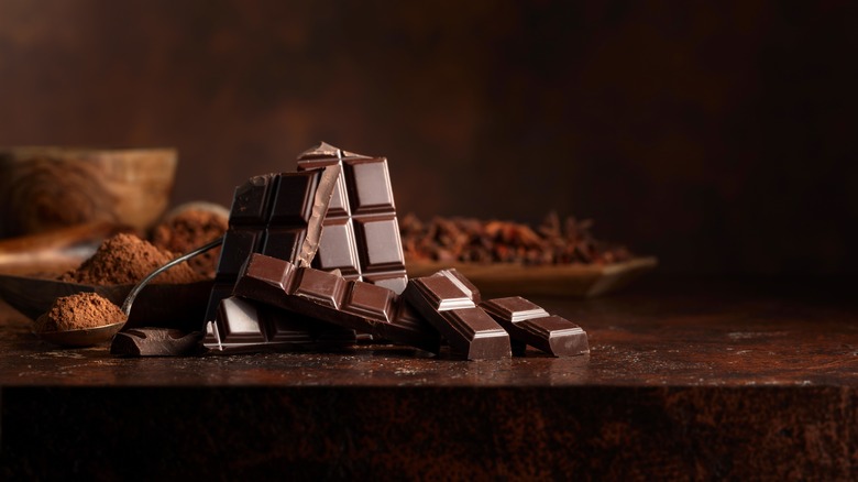 Pieces of broken chocolate bars with cocoa powder