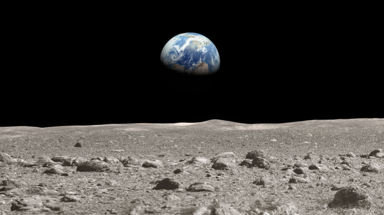 The extremely thin lunar atmosphere allows a clear view of the Earth from the lunar surface.