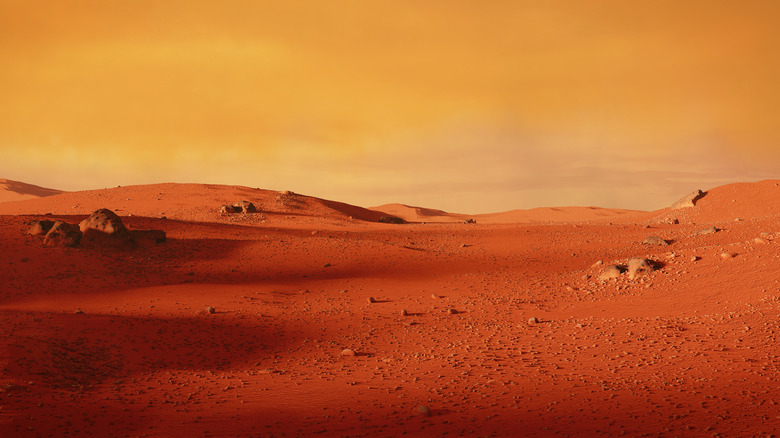 landscape on planet Mars, scenic desert scene on the red planet (3d space illustration)