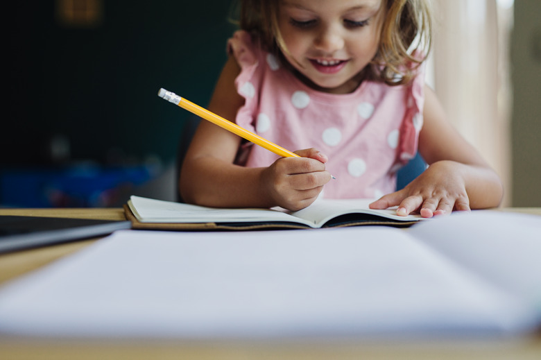 Cheerful Young Girl Doing Her Homework in a Living Room at Home