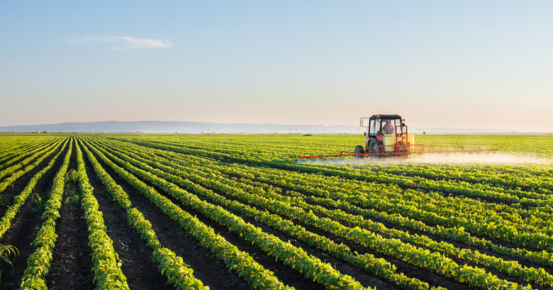 Tractor spraying soybean field