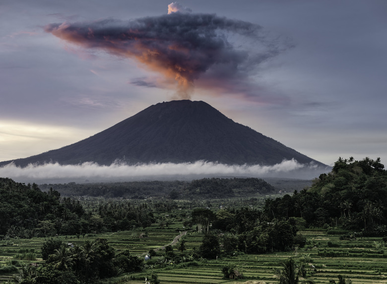 Mount Agung during eruption, at sunset, with rice paddies in foreground