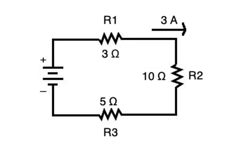 Find the sum of the resistors to get the total resistance. Voltage drop is not constant throughout the circuit.