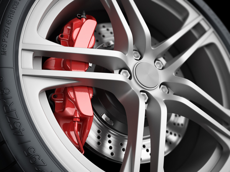 Car wheel and brake system. Closeup.