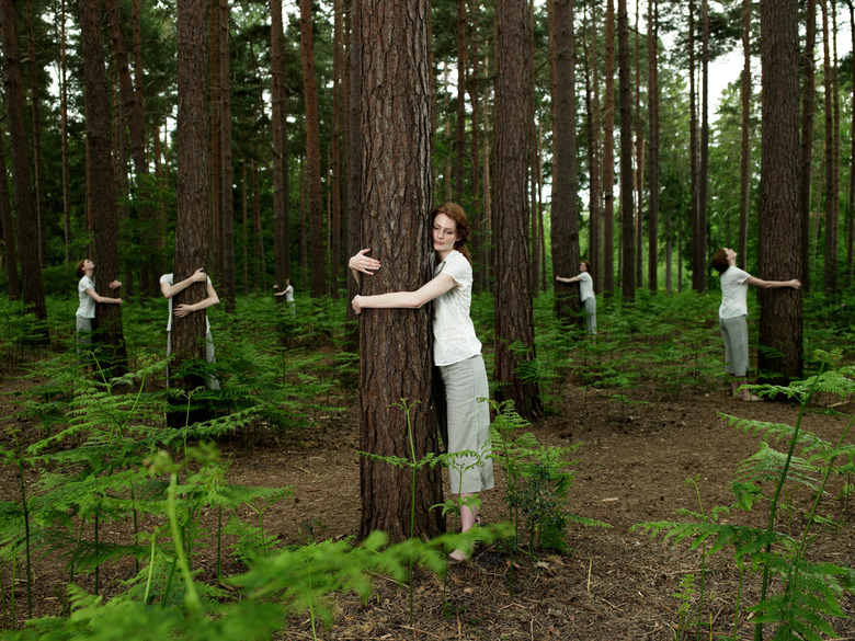 Identical women hugging trees in forest (digital composite)