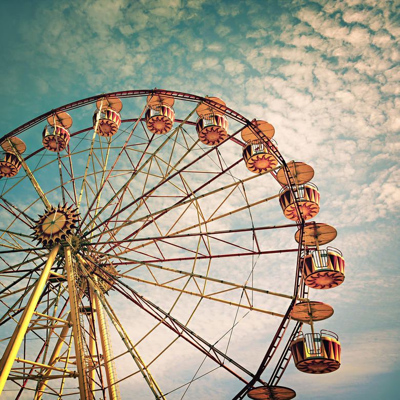 yellow ferris wheel against a blue sky in vintage style