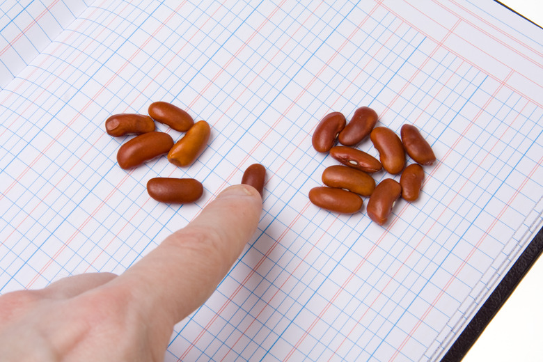 Finger Pointing Counting Beans on an Accounting Ledger Book