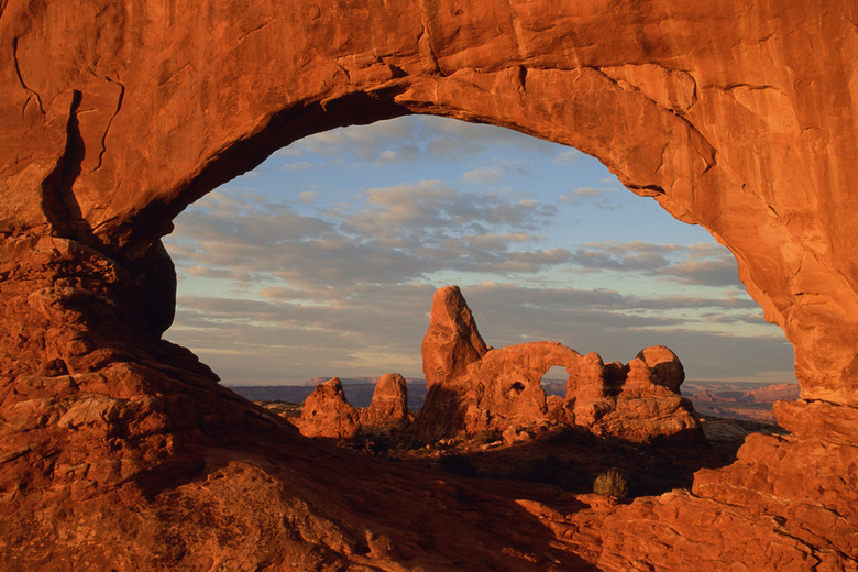 Turret Arch seen through North Window , Arches National Park , Utah