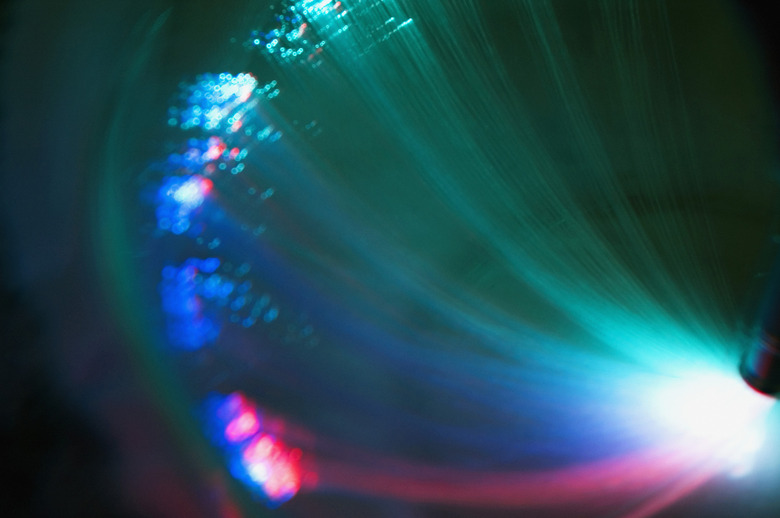 Abstract of long blue, green, red, turquoise and white light shining up