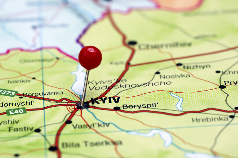 Kyiv pinned on a map of europe