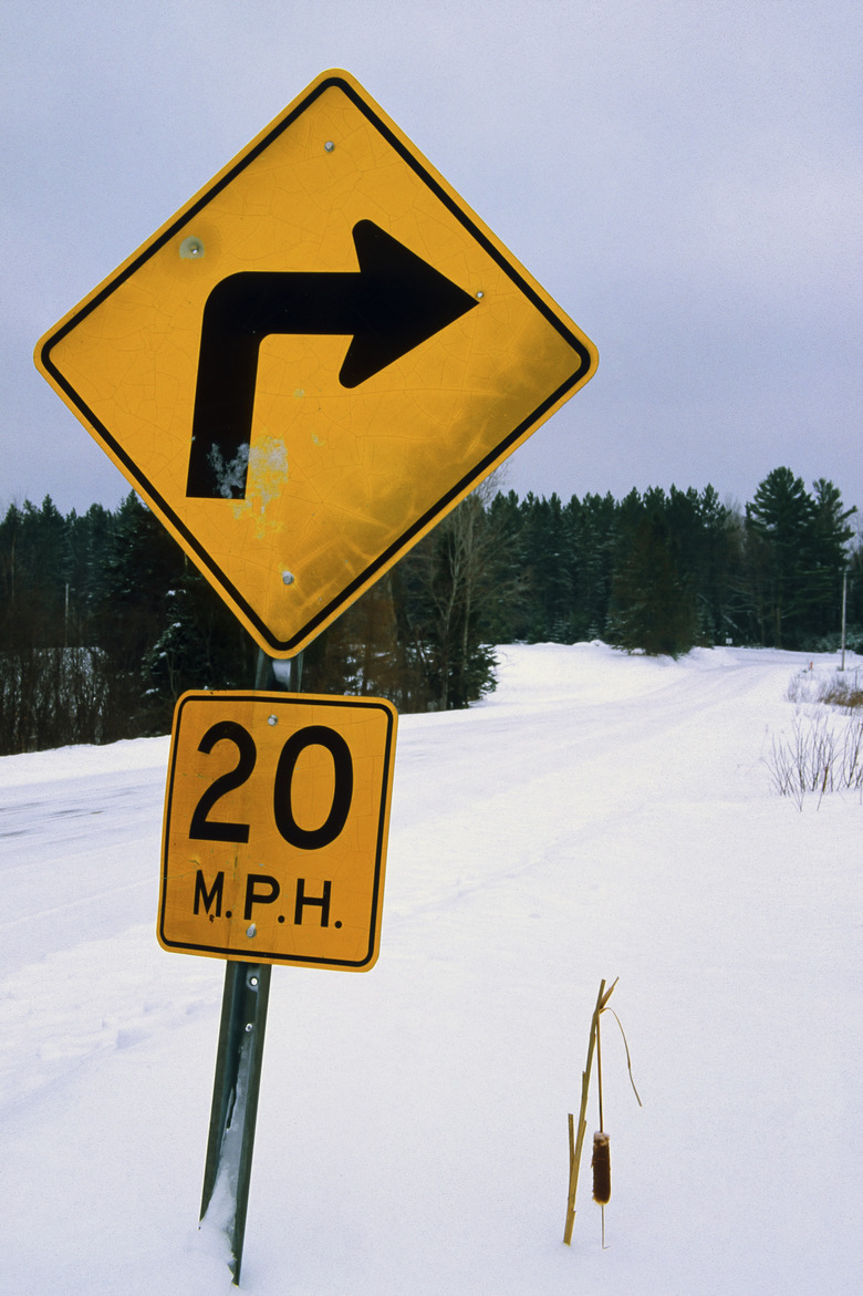 Ice and snow covered road with sharp turn ahead