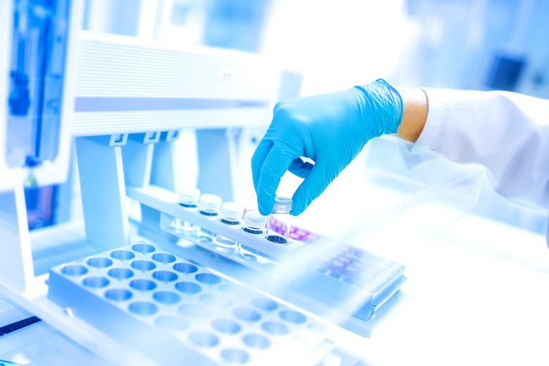 Scientist using protective robber gloves for handling substances and experiments