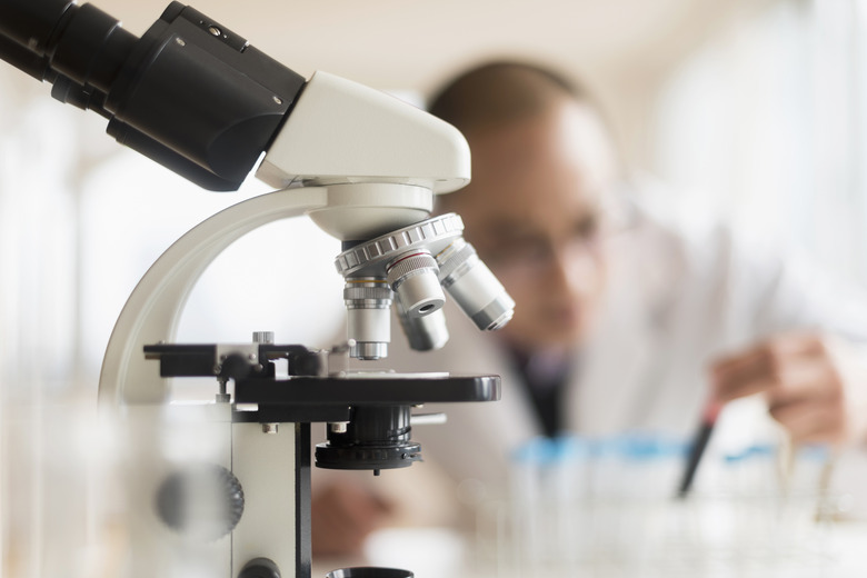 Close up of microscope in laboratory