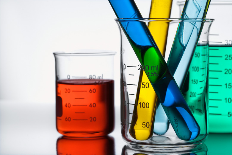 Beakers and test tubes with colorful liquid