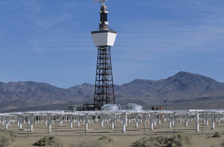 Renewable energy experimental solar power plant with heliostat mirrors, Daggett, CA, USA