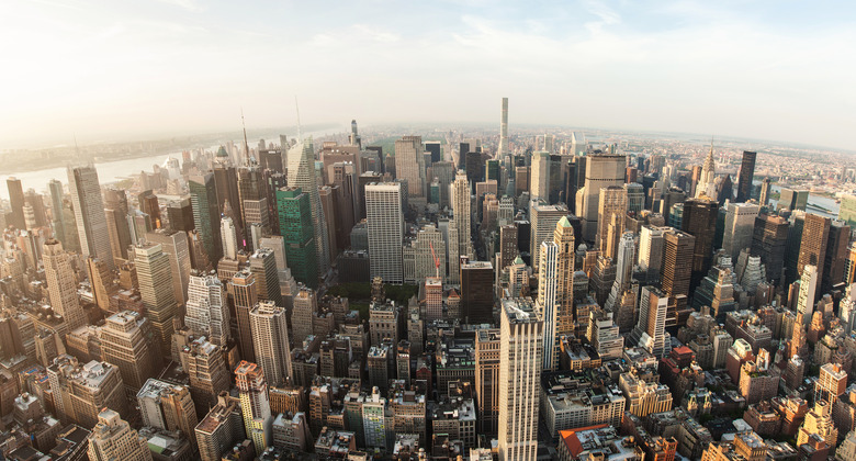 New York City Manhattan street aerial view with skyscrapers