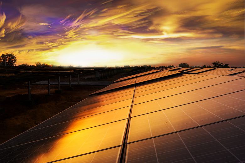 close up of Solar cell panel with sunset