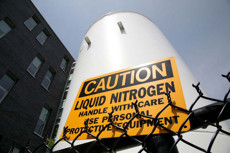 Caution liquid nitrogen sign at industrial facility