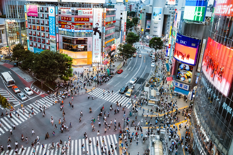 Elevated view of Shibuya zebra crossing, Tokyo, Japan