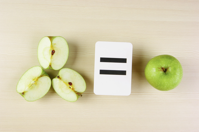 School card and apple with math problems