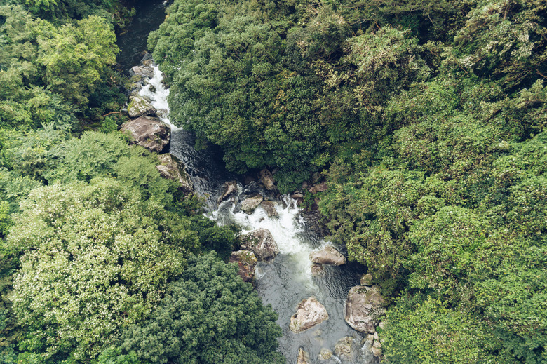 view from above on mountain river and green forest foliage