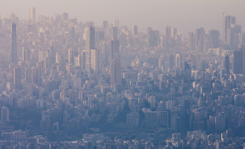 City of Beirut aerial view. Fog and air pollution in modern city.