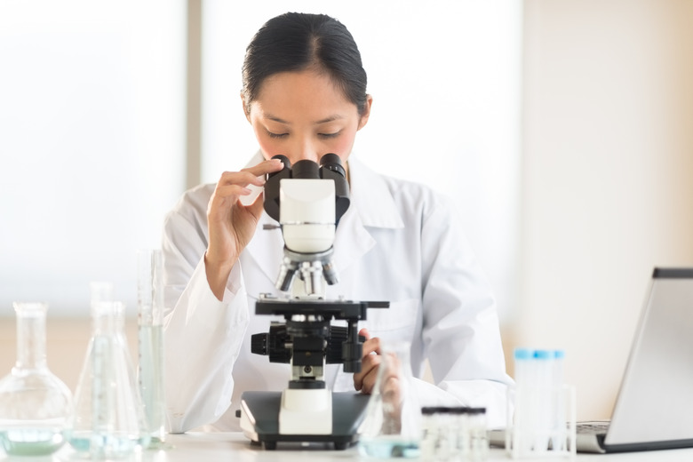 Doctor Using Microscope At Desk In Laboratory