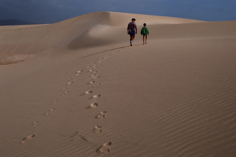 Man walking with boy in desert