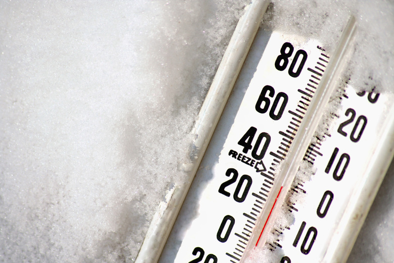 Close-up of frozen thermometer at 30 degrees Fahrenheit