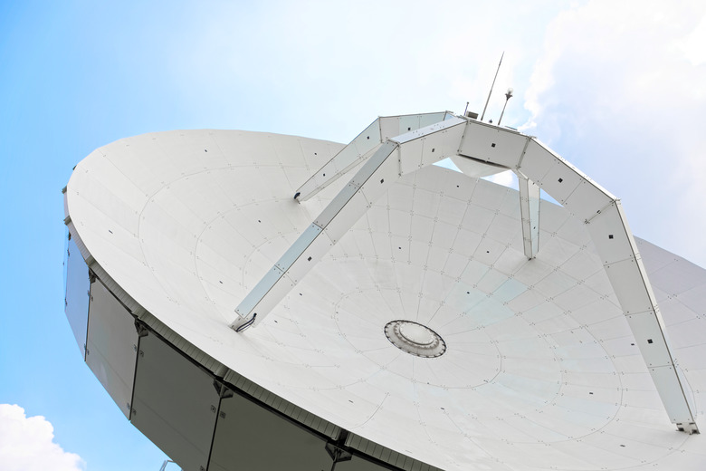 Parabolic antenna with clear blue sky on background