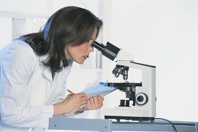 Scientist looking through microscope