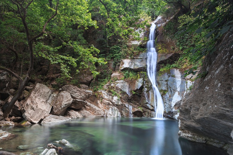 Waterfall with small lake surrounded by trees