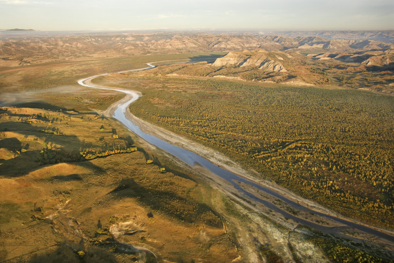 Aerial view of river through badlands, North Dakota