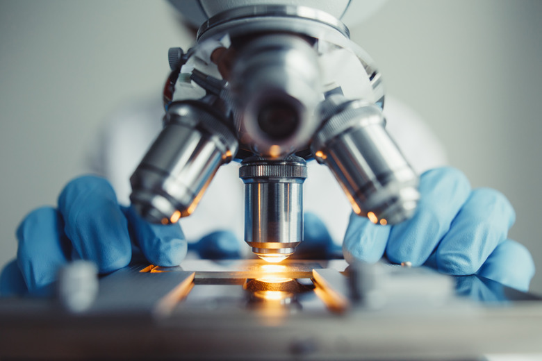 Close up of examining of test sample under the microscope