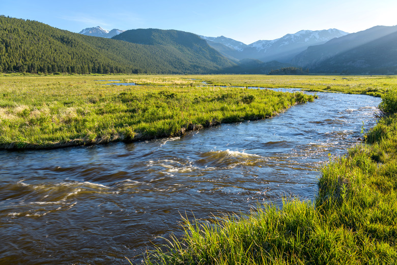 Spring Sunset at Big Thompson River - Evening sun shines on rushing Big Thompson River at Moraine Park in Rocky Mountain National Park, Colorado, USA.