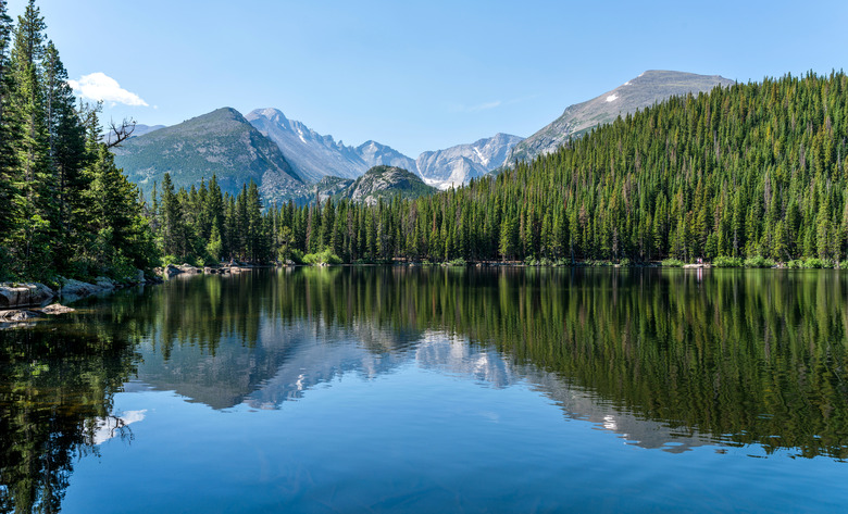 Longs Peak at Bear Lake - Longs Peak and Glacier Gorge reflecting in blue Bear Lake on a calm Summer morning, Rocky Mountain National Park, Colorado, USA.